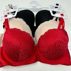 Bra 34C Rene Rofe Women's Lightly Padded Underwire Red Black Nude Lace 3-Pack